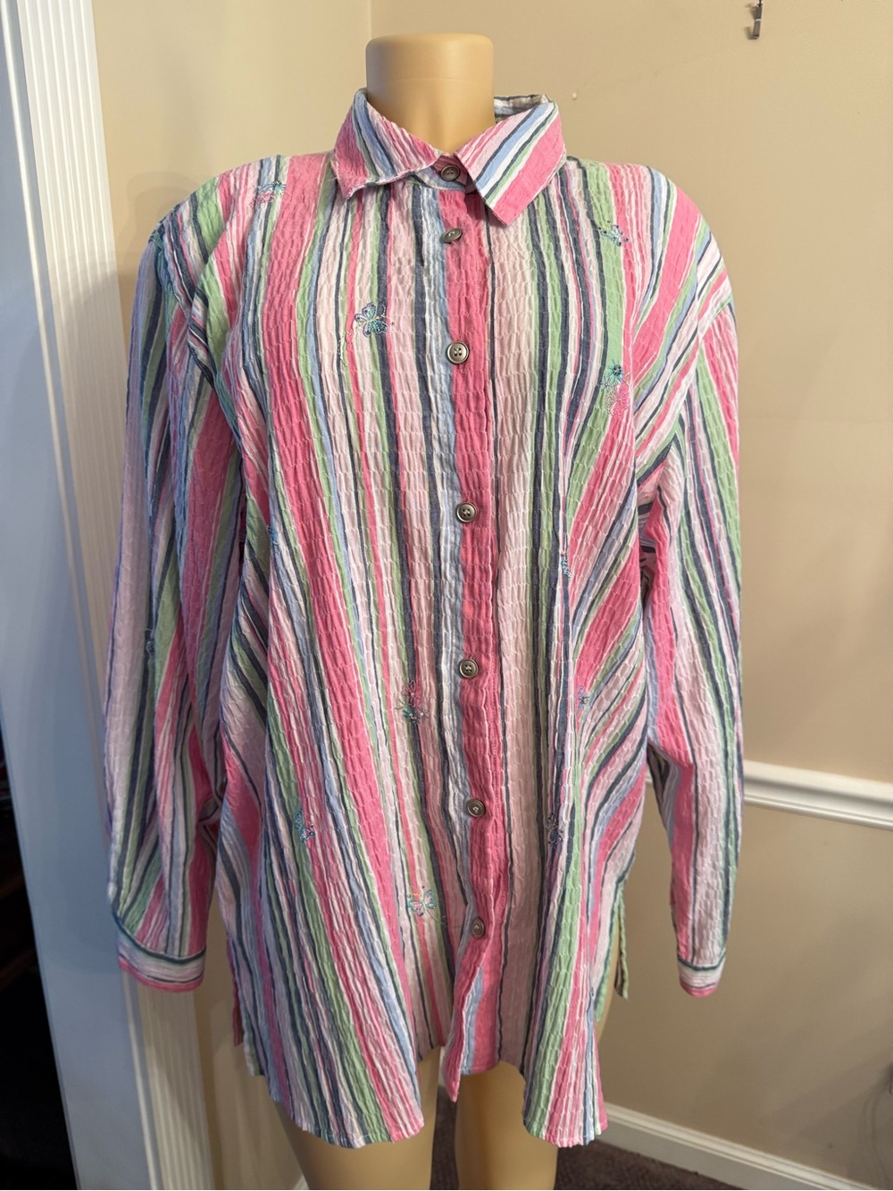 Alfred Dunner Pastel Multi-Stripe Button Front Shirt Butterfly Embroidered 18W